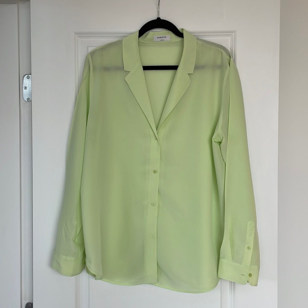 Babaton large never worn silk blend button up green top